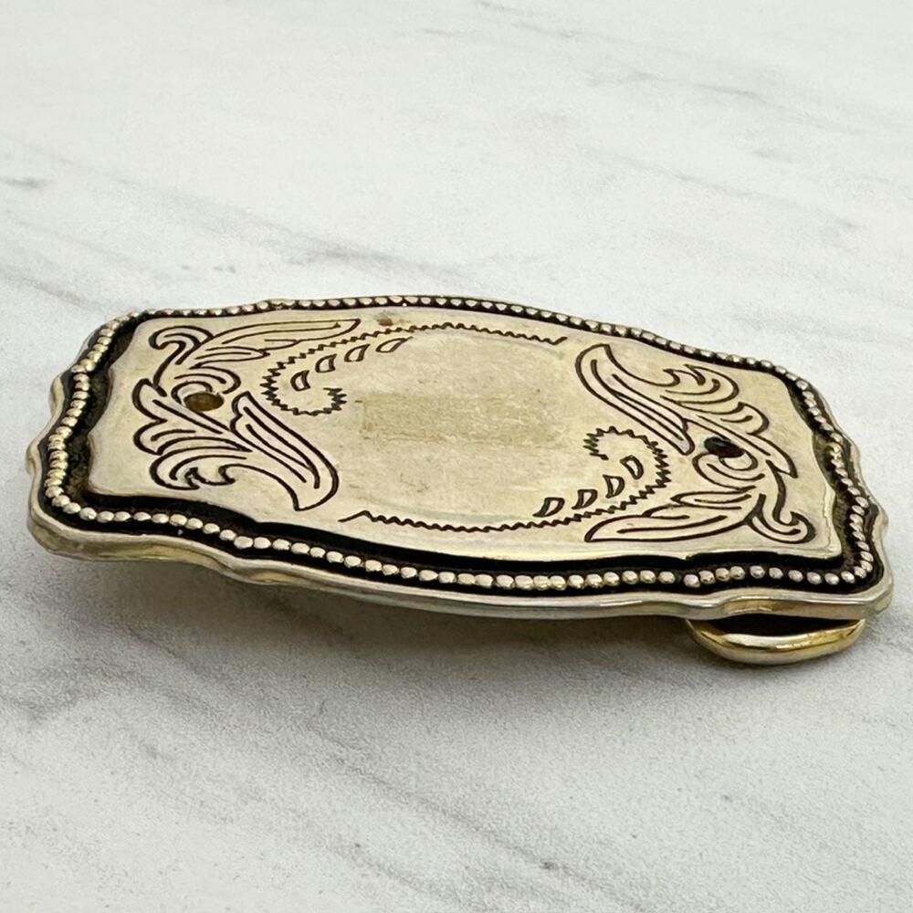 Vintage Western Belt Buckle Gold Tone Black Enamel Scrollwork Bead Dot Border ✨ - Picture 6 of 11